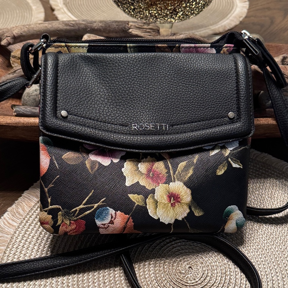 Rosetti Black Floral Crossbody with Multicolor Blooms